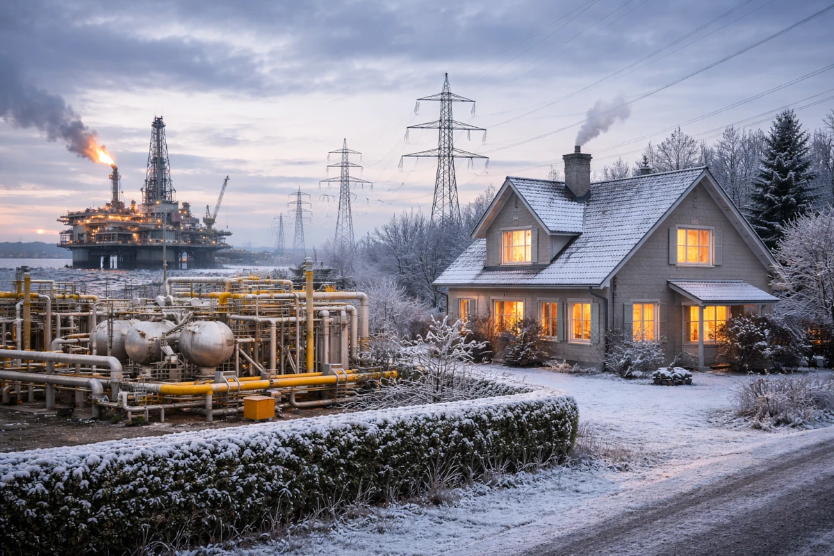 Infrastructures énergétiques avec plateforme pétrolière, installation gazière et lignes électriques illustrant la production d’énergie