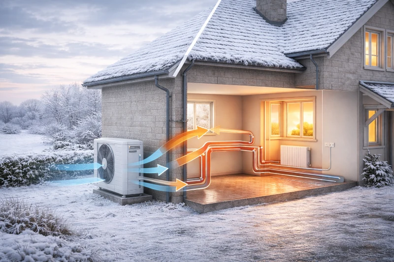 Pompe à chaleur air eau captant les calories de l’air extérieur pour chauffer une maison en hiver