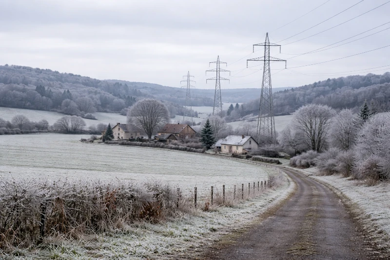 Paysage rural dans l’Ain en hiver avec champs givrés et lignes électriques sous un ciel gris