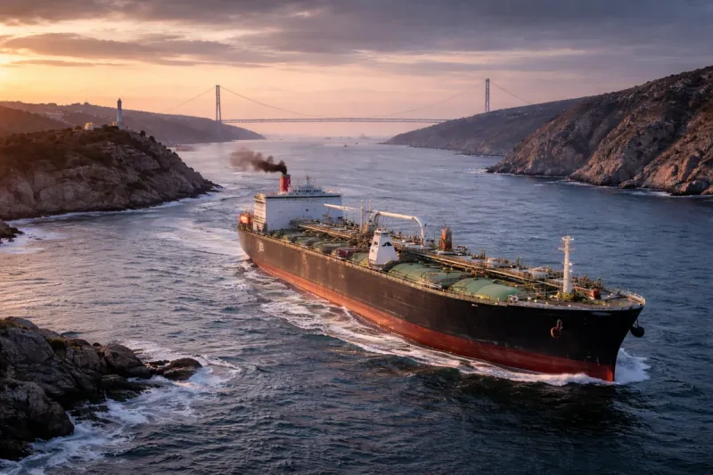 Tanker transportant du pétrole ou du gaz dans un détroit illustrant la dépendance mondiale aux énergies fossiles